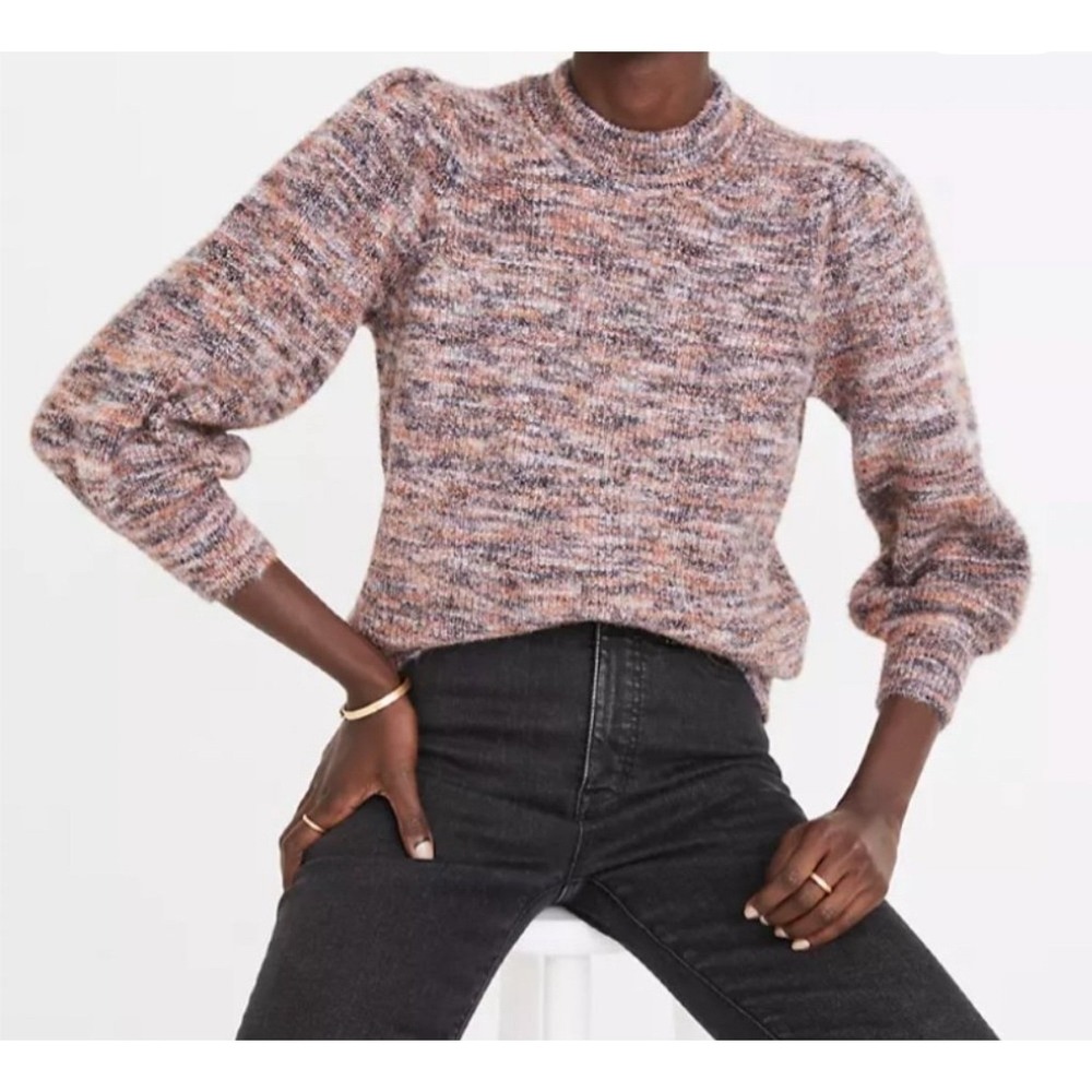 Madewell Puff Sleeve Space Dye Sweater Women XS Pink Purple Marled Knit Crewneck